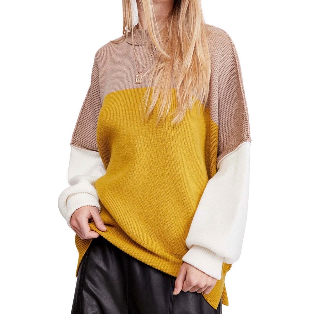 Free People Easy Street Tunic Sweater Womens‎ Small Oversized Colorblock Mustard
